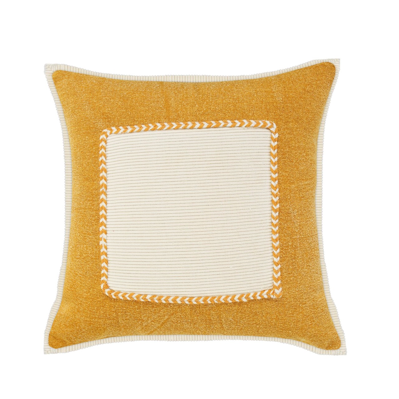 Laddha Home Designs 20" Yellow and Cream Framed Square Throw Pillow